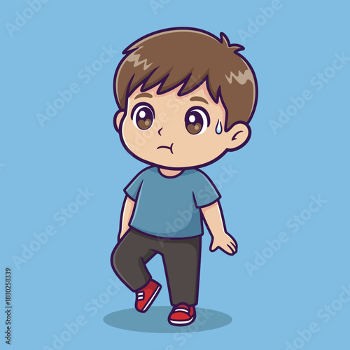 Crying boy character. Sad child illustration. Cartoon boy with tears. Emotional face. Blue background. Vector character.