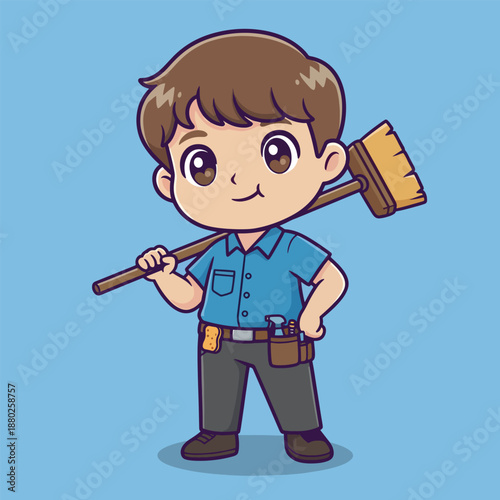 Cartoon boy with broom. Young janitor. Cleaning worker. Male character with cleaning tool. Vector illustration on blue background.