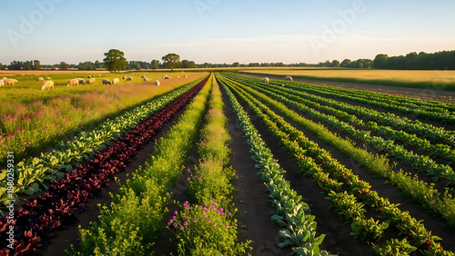 Regenerative farm field with cover crops and livestock