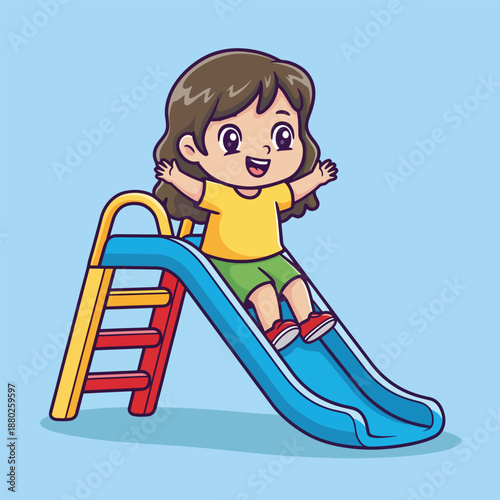 Cartoon girl on a slide. Happy child playing on playground equipment. Vector illustration of kid on blue slide. Playground fun for kids. Colorful cartoon character. Girl on slide. Kids play