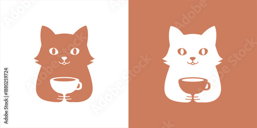 A minimalist vector illustration of a cute cat character holding a cup of coffee or tea.