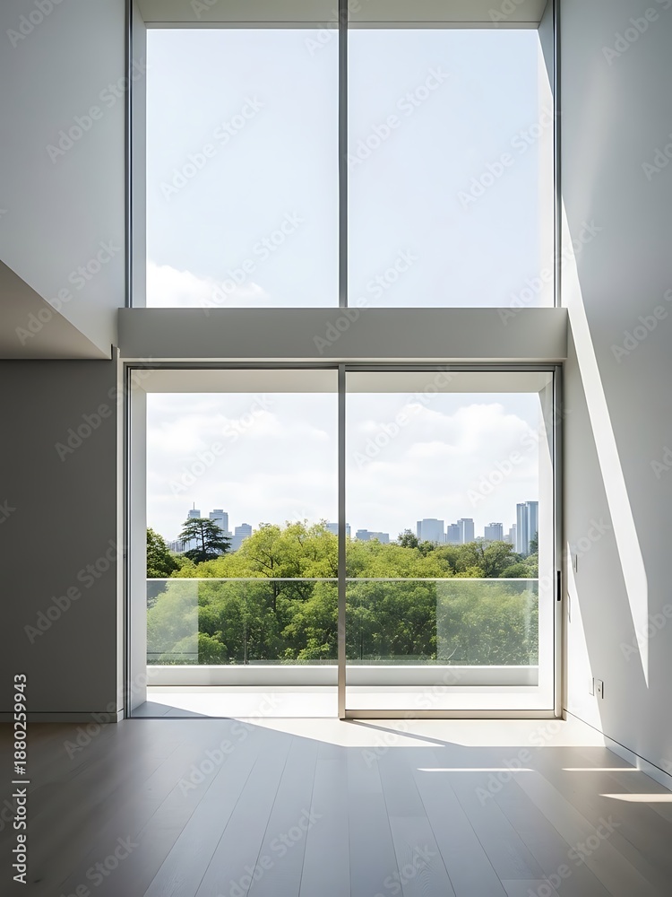 Fototapeta premium Panoramic vista from a modern apartment with nature-infused cityscape views