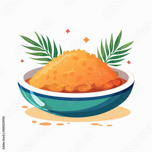 A Close Up Of A Teal Bowl Filled With A Generous Portion Of Orange Granulated Sugar Or Spices Decorated With Green Palm Leaves Against A White Background With Speckled Orange Accents