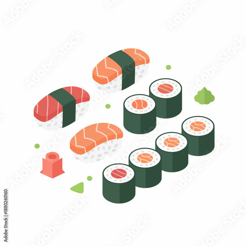 Isometric illustration of assorted salmon and tuna sushi pieces and condiments on white