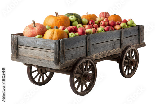 Rustic wooden wagon filled with pumpkins and apples on black background cart
