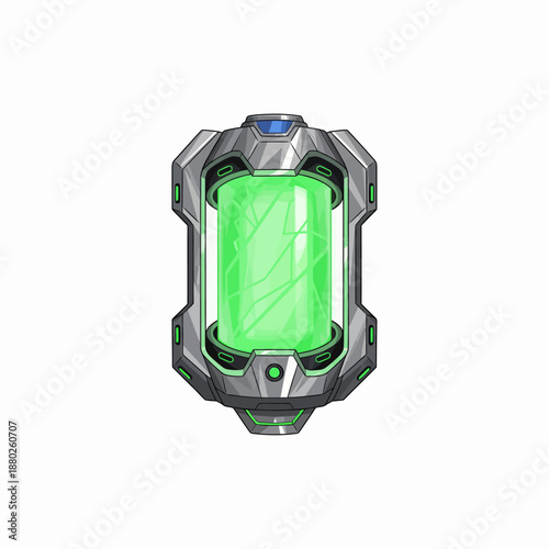 Scifi containment unit with glowing green liquid and metallic casing