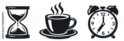 Graphic icon set featuring an hourglass, a steaming coffee cup, and an alarm clock for time management and daily routine concepts