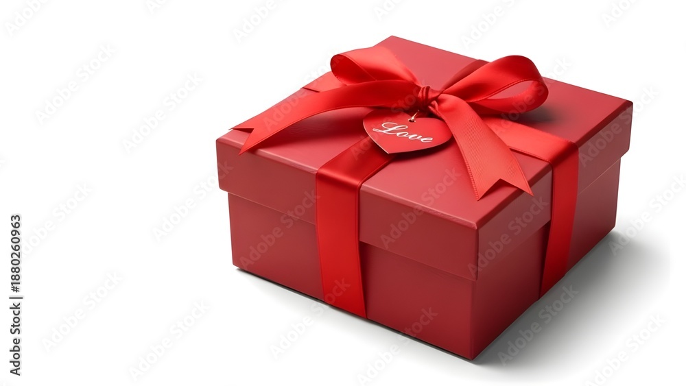 Obraz premium Red gift box with ribbon isolated on white background, Valentine present concept with soft shadow and copy space.