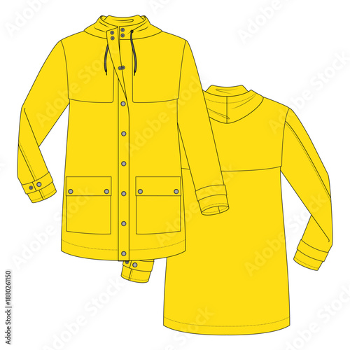 Vector technical flat sketch of classic yellow raincoat. Hooded waterproof jacket with snap button closure and patch pockets. Front and back views. Easy to recolor template.