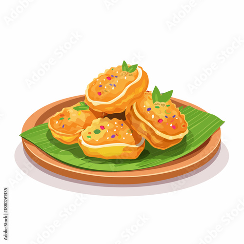 Pixel Art Food Delicacy Presentation on Banana Leaf Plate Golden Brown Savory Bites Topped with Herbs and Spices Vibrant Colors Isolated on White Background