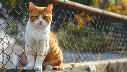An orange and white cat sits regally, gazing forward near a chain-link fence on a sunny day. Background slightly blurred