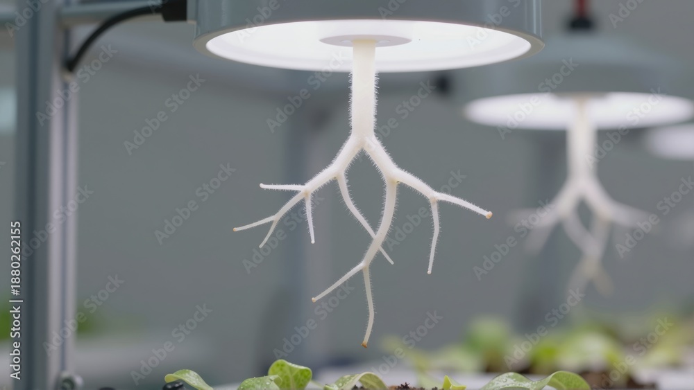 Obraz premium Healthy plant roots suspended under a grow light in a controlled agricultural environment