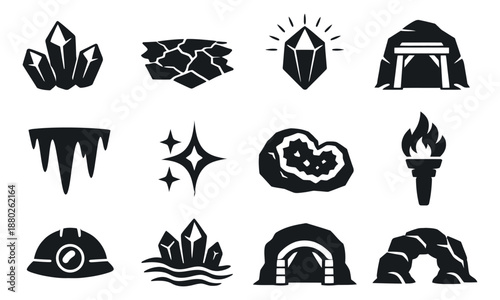 Glyph mining and cave elements icon set featuring crystals, geodes, mine entrances, torches, and helmets for game design and geological themes