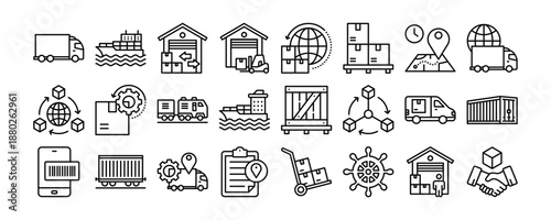 Supply Chain Management icon collection. Containing design management, industry, business, logistics, delivery, technology, supply