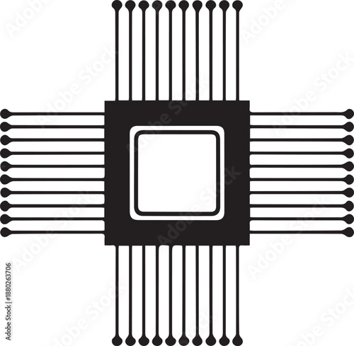 Microchip with multiple pins in simple flat design on white background for technology illustration