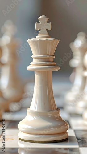 Chess king stands tall, cream-colored, centered on a checkered board in a soft, focused studio setting