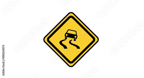 Yellow traffic sign indicating slippery when wet road conditions