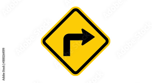 Yellow road sign indicating a sharp turn to the right ahead