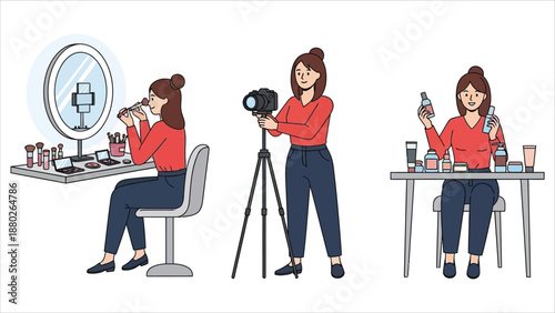 Creative Woman Applying Makeup at Vanity Mirror with Ring Light While Filming on Camera.eps