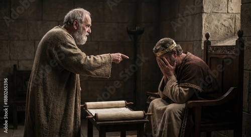 David faces the prophet Nathan after committing sin and shows deep remorse in ancient Israel