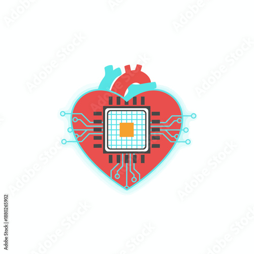 Stylized anatomical heart with integrated central processing unit and circuit board traces