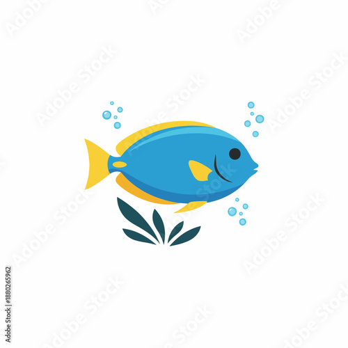 Stylized blue and yellow tropical fish with dark green aquatic plants and bubbles