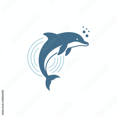 Stylized blue dolphin jumping from water with concentric wave rings and bubbles