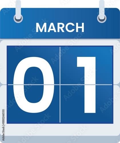 March 1 calendar icon features a clean, minimal flat design with a blue and white color scheme. Ideal for websites, mobile apps, planners, schedules, reminders, event announcements, digital calender