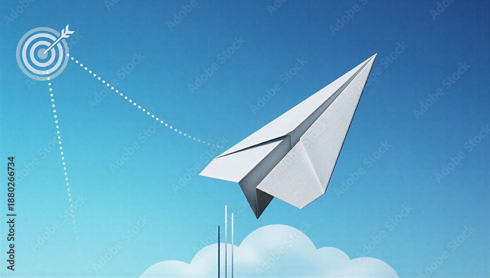Fototapeta premium Paper airplane soars toward target, symbolizing ambition and precision against clear blue sky.