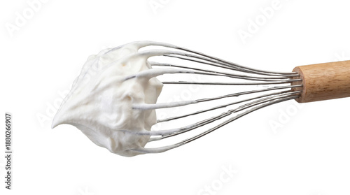 Metal Whisk with Whipped Cream and Wooden Handle Isolated on White