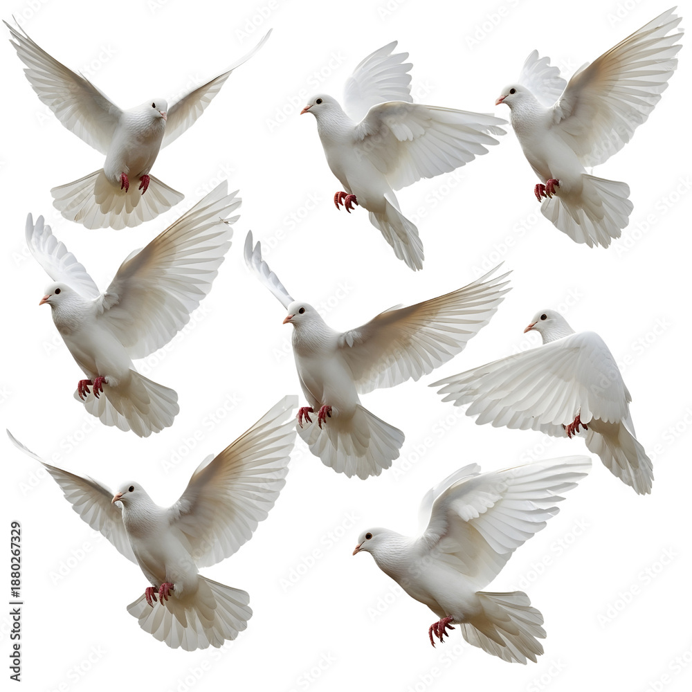 Obraz premium Multiple White Doves Flying on White Background