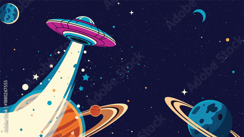 A retro pixel art style illustration of a UFO abducting something from a planet with a powerful beam of light in outer space.