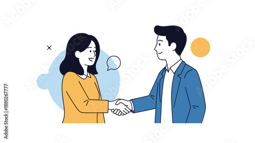 Man and woman shaking hands in a business agreement or partnership meeting, illustrated with simple line art and pastel colors.