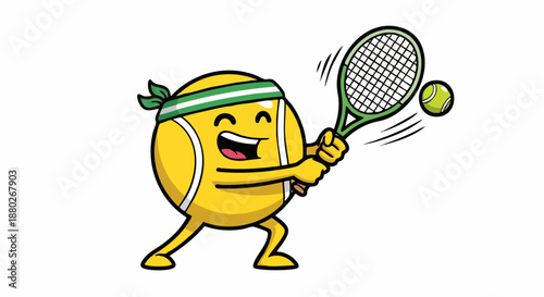 Cartoon tennis ball character playing tennis with racket and ball.