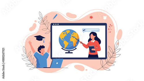 Happy student celebrates learning during an online geography lesson with a female teacher pointing to a world globe on a monitor.