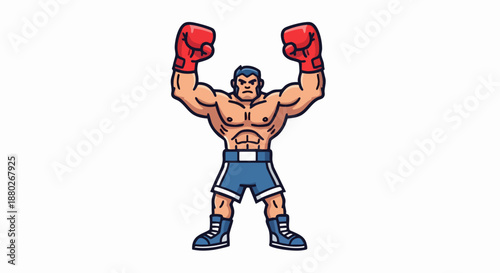 Strong Muscular Boxer Celebrating Victory with Raised Arms.