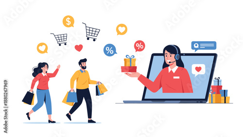 Online customer support agent on a laptop offers gifts and discounts to happy shoppers carrying bags from an e-commerce store.
