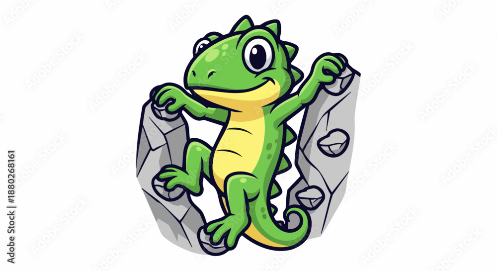 Obraz premium Cartoon green lizard climbing rocks with a happy expression and smile.
