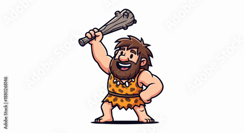 Happy caveman holding a club in cartoon style.