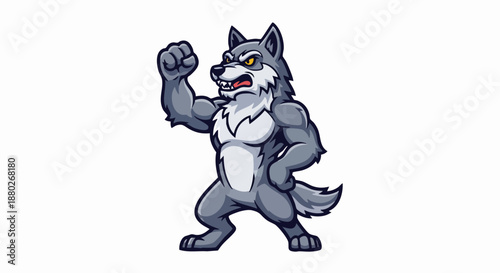 Fierce muscular gray wolf mascot in a fighting pose.