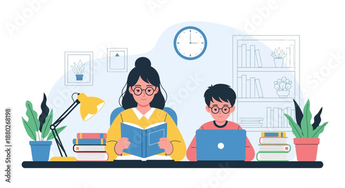 Young boy studying with laptop while mother reads a book