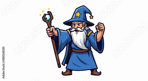 Powerful cartoon wizard casting spell with glowing staff fantasy character.