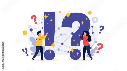 Man and woman interact with large, sparkling question marks and exclamation points, representing questions and answers or FAQ.