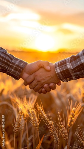 Handshake over golden wheat field at sunset. Partnership, agriculture and cooperation theme