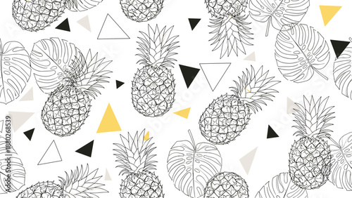 Modern seamless pattern with black and white line art pineapples, monstera leaves, and yellow and gray geometric triangles.