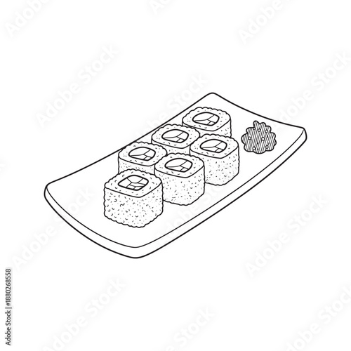Hand drawn vector illustration of delicious sushi rolls on a rectangular plate in black and white line art style suitable for coloring book page or restaurant menu design.
