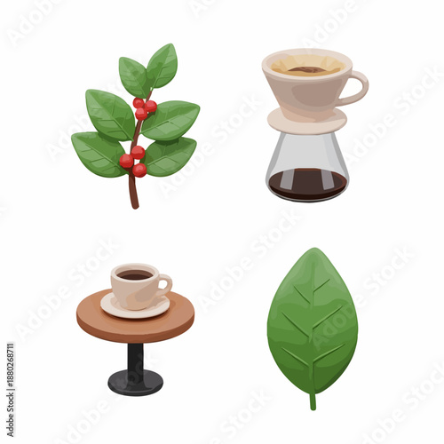 Collection of 3D coffee icons plant brewer and cup.