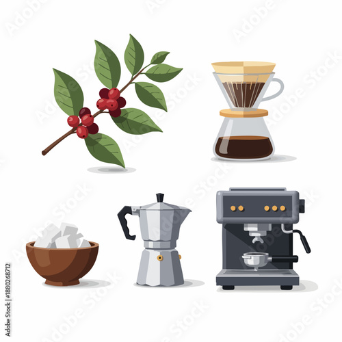 Coffee Preparation Methods and Ingredients Still Life Illustration.