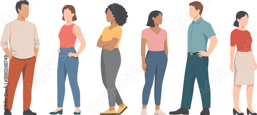 Diverse group of multiracial people standing in a row, flat design characters for business community teamwork and social media networking.