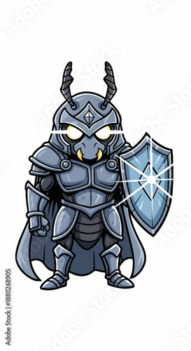 Chibi Armored Beetle Knight with Glowing Shield Fantasy Character.